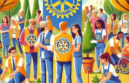 Rotarymedlemmar som aktivt engagerar sig i samhällstjänst. De bär Rotary-västar eller märken och arbetar med projekt.